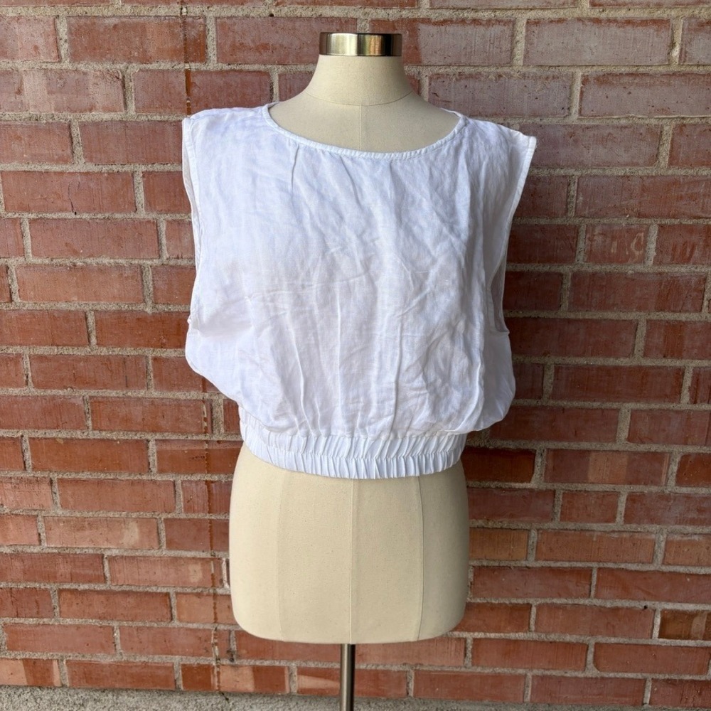 NWT Elan White Linen Blend Cropped Sleeveless Tank Top Elastic Hem XL